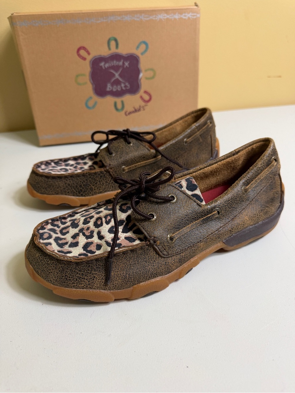 Twisted X Kids' Leopard/Cheetah Boat Shoe Driving Moccasins brown size 6